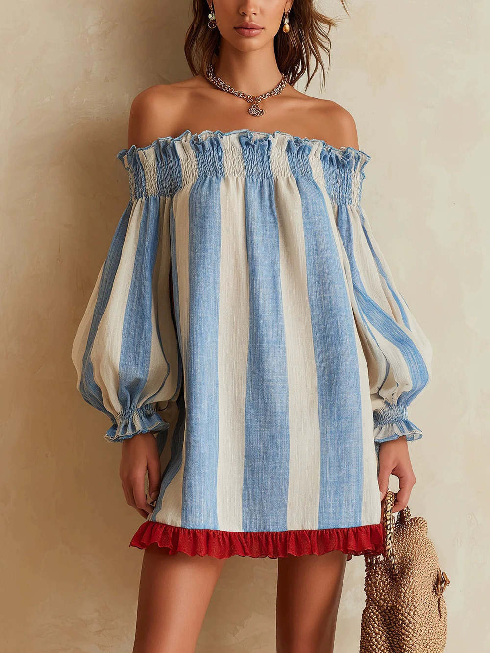 Zara Striped Off Shoulder Puff Sleeve Short Dress Contrast Ruffle Loose